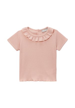 T-shirt bébé rose clair à manches courtes en tissu texturé avec détail col à volants, fermeture par boutons au dos du col.
