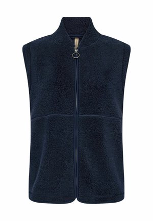 Marineblauer Fleece-Weste mit hohem Kragen, Frontreißverschluss und strukturierter Stoff. Ärmellos, flache Nähte und lässiges Design.