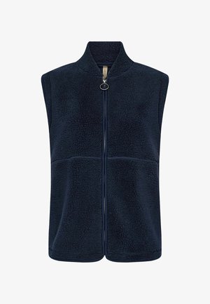 Marineblå fleecesweatervest med høj krave, lynlås foran og tekstureret stof. Ærmeløs, flade sømme og et afslappet design.