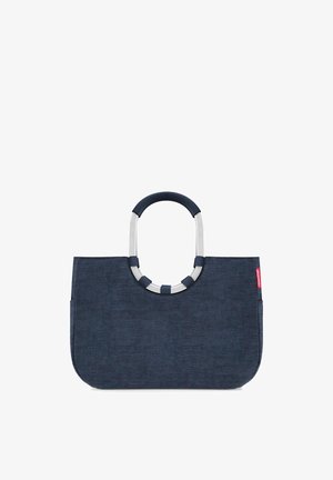 Dark blue fabric tote bag with rounded rectangular shape and large oval metal handle wrapped in matching fabric.