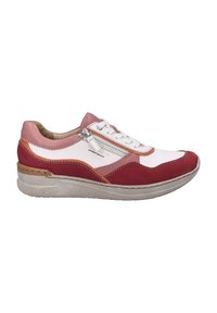 Red and white sneaker with pink accents, textured suede and smooth leather, featuring a side zipper and a cushioned sole.