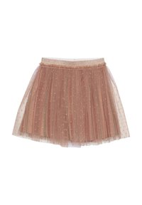 Gonna corta in tulle rosa con una cintura glitterata. Presenta un tessuto trasparente a strati e decorazioni di stelle dorate sparse.