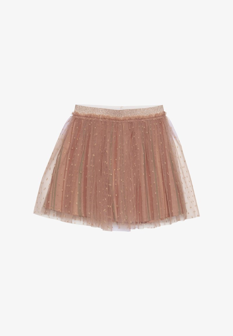 Gonna corta in tulle rosa con una cintura glitterata. Presenta un tessuto trasparente a strati e decorazioni di stelle dorate sparse.