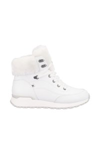 Bottines blanches à lacets avec un col en fausse fourrure, tige en cuir lisse, quincaillerie argentée et semelle en caoutchouc rembourrée.