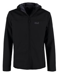 Kurtka softshell Black Jack Wolfskin z kapturem, z suwakiem z przodu oraz zapinanymi na zamek bocznymi kieszeniami, prezentowana na białym tle.