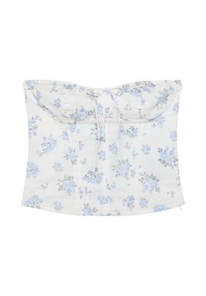 Haut bustier blanc avec imprimé floral bleu clair et gris et un petit détail de nœud à l’avant.