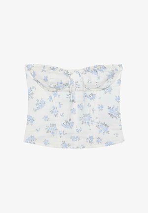 Haut bustier blanc avec imprimé floral bleu clair et gris et un petit détail de nœud à l’avant.