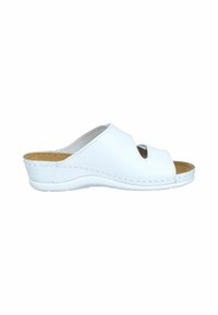 White open-toe slide sandal with a smooth leather upper, curved design, and a cushioned cork insole. Features decorative stitching along the edges.