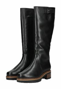 Stivali neri in pelle fino al ginocchio con una texture liscia, punta rotonda e tacco basso a blocco. Presentano un accentuato fibbia sul lato.