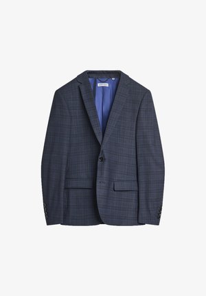 Blazer a quadri blu navy con rever a punta, chiusura con un bottone e due tasche frontali. Texture liscia con una fodera blu in contrasto.