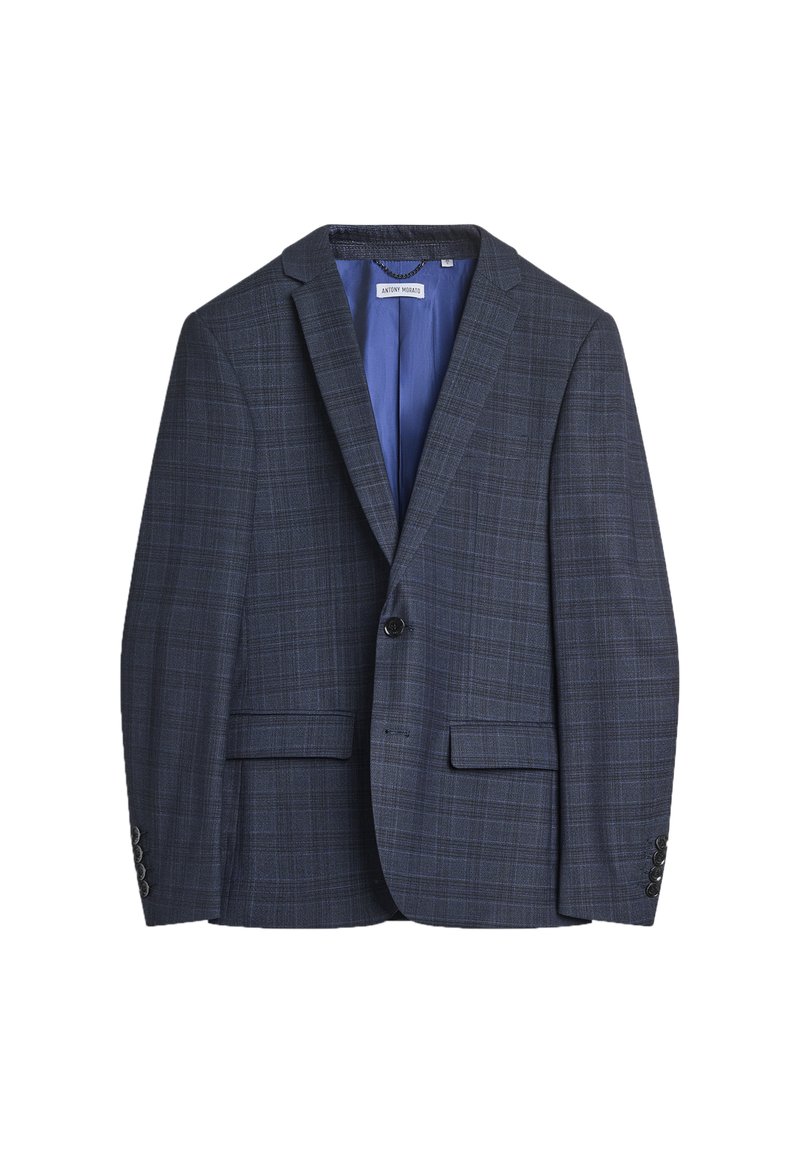 Blazer a quadri blu navy con rever a punta, chiusura con un bottone e due tasche frontali. Texture liscia con una fodera blu in contrasto.