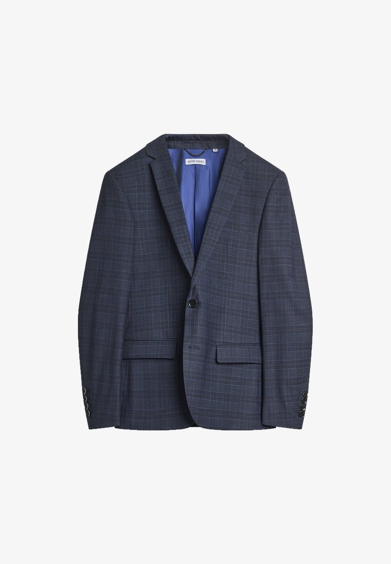 Blazer a quadri blu navy con rever a punta, chiusura con un bottone e due tasche frontali. Texture liscia con una fodera blu in contrasto.