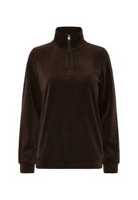 Bruine corduroy pullover met een hoge kraag en halve rits. Beschikt over een geribbelde textuur en lange mouwen, ideaal voor casual kleding.