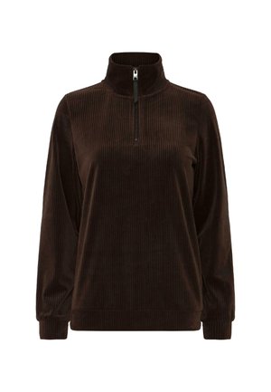 Pullover in corduroy marrone con colletto alto e zip a metà. Presenta una texture a coste e maniche lunghe, ideale per un abbigliamento casual.