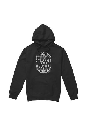 Black hoodie with front pocket and white text reading "I myself am strange and unusual" with skull and wing designs.