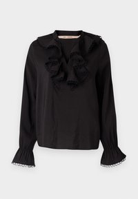 Blusa nera con scollo a V arricciato, maniche lunghe con polsini arricciati e dettagli in passamaneria, realizzata in un tessuto morbido.