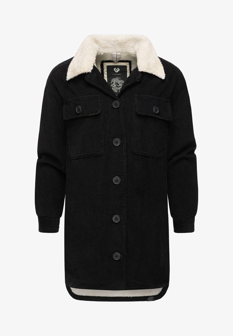 Black corduroy jacket with a shearling collar, featuring two front chest pockets, button closure, and a soft lining for added warmth.
