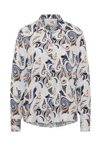 Long-sleeve blouse featuring a swirling pattern in navy, beige, and cream on lightweight material with a classic collar and button closure.