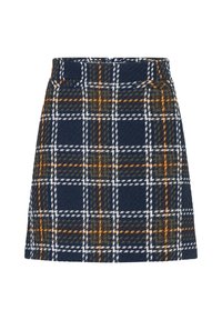 Jupe à carreaux bleu marine avec des lignes blanches, orange et vertes, réalisée dans un tissu texturé avec une taille ajustée et un ourlet droit.