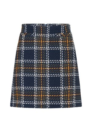 Navy plaid skirt featuring white, orange, and green lines, constructed from textured fabric with a fitted waist and straight hem.