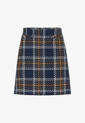 Marineblau karierter Rock mit weißen, orangefarbenen und grünen Linien, aus strukturiertem Stoff gefertigt, mit einer taillierten Taille und geradem Saum.
