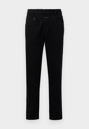Black denim pants with a straight-leg design, featuring a button closure, five-pocket styling, and a smooth texture.