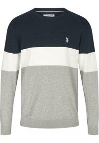 Pull rayé en bleu marine, blanc et gris. Col rond, manches longues et poignets côtelés. Petit logo sur la poitrine. Matière en coton.