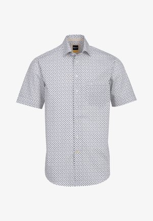 Camicetta a maniche corte con bottoni di colore azzurro chiaro e motivo geometrico blu navy. Presenta un colletto, taschino frontale e bottoni bianchi. Materiale in misto cotone.