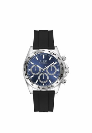 Reloj de pulsera cronógrafo con esfera azul, caja plateada, correa de goma negra, tres subesferas y bisel taquimétrico marcado en unidades por hora.