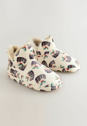 Fuzzy, cream-colored slippers with a floral and leopard print pattern, featuring a high ankle design for warmth and comfort.