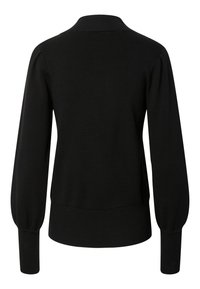 Sort langærmet sweater med ribbet manchetter og kant, vist bagfra på hvid baggrund.