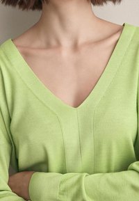 Maglione verde chiaro, a maniche lunghe e scollo a V, caratterizzato da dettagli a coste e una texture morbida. Il design include cuciture per una silhouette aderente.