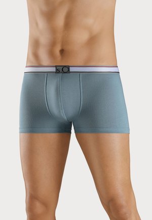 Gray-blue cotton boxer briefs with a white and black elastic waistband featuring a logo. Smooth texture and fitted design.