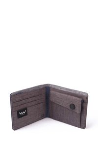 Wallet made of textured gray fabric with a blue inner lining. Features multiple card slots and a buttoned pocket. Brand logo visible.