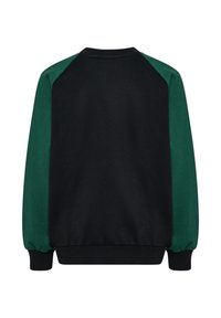 Mörk sweatshirt med gröna raglanärmar, elastiska muddarna och rundad halsringning. Mjuk textur; inga synliga logotyper eller mönster.