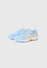 Light blue athletic shoes with textured mesh upper, contrasting orange accents, round toe, and rubber outsole. Laces are also light blue.
