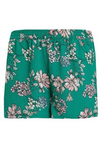 Bermuda floreali con sfondo teal, vita elastica e un motivo di fiori rosa e bianchi con foglie verdi. Tessuto leggero.