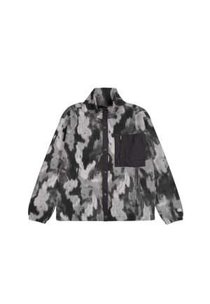 Grau und schwarz gemustertes Fleece-Jackett mit hohem Kragen, Knopfleiste und einer Brusttasche auf der linken Seite. Weicher Stoff und lässiger Schnitt.