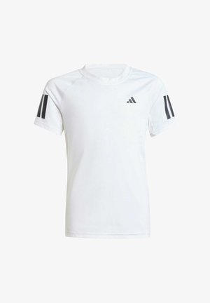 Witte sport t-shirt gemaakt van lichtgewicht stof. Heeft korte mouwen, ronde halslijn en drie zwarte strepen op elke mouw.