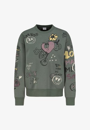 Green sweatshirt featuring graphic prints, including a heart, flower, and text. Ribbed cuffs and hem, soft texture, casual fit.