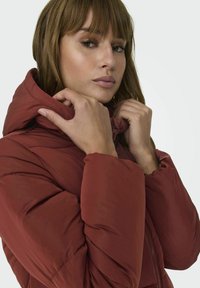 Doudoune rouge avec un col montant et une capuche, présentant une texture lisse et des détails de couture visibles, ajustée autour du visage.