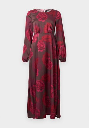 Long-sleeve, floor-length dress in dark brown fabric with large red floral pattern. Features gathered waist and keyhole back detail.