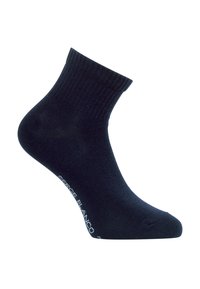 Chaussette bleu marine à cheville en matière côtelée, dotée d'un renfort au niveau des orteils et d'un logo blanc près de la cheville. Design classique avec une texture douce.