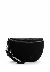 Borsa a tracolla nera con chiusura a zip, caratterizzata da suede testurizzato e un pannello superiore liscio. Cinghia regolabile e dettagli in metallo.