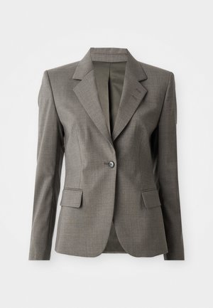 Single-button, gray tailored women's blazer with notch lapels and flap pockets, displayed flat against white background.