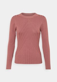 Langärmliger gerippter Pullover in staubigem Rosaton, mit enganliegendem Schnitt, strukturiertem Material und einem Chevron-Stickmuster auf der Vorderseite.