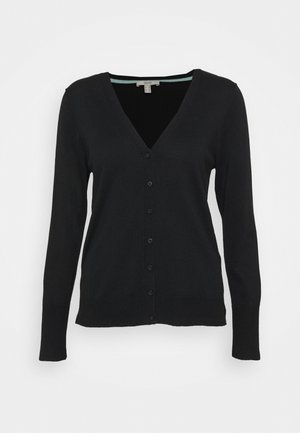 Cardigan noir à col en V, manches longues et boutons sur le devant, présenté sur fond blanc.