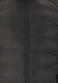 Schwarze Steppjacke mit einem Frontreißverschluss, mit gesteppten Abschnitten und glatter Textur. Dezente Markenkennzeichnung oben links.