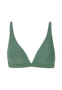 Zelený trojuholníkový bikiny top s textúrovaným zigzagovým vzorom, nastaviteľnými popruhmi a výstrihom v tvare neho. Materiál sa zdá byť elastický a hladký.