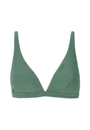 Top bikini verde a triangolo con un pattern a zig zag testurizzato, spalline regolabili e scollatura a barchetta. Il materiale sembra elastico e liscio.